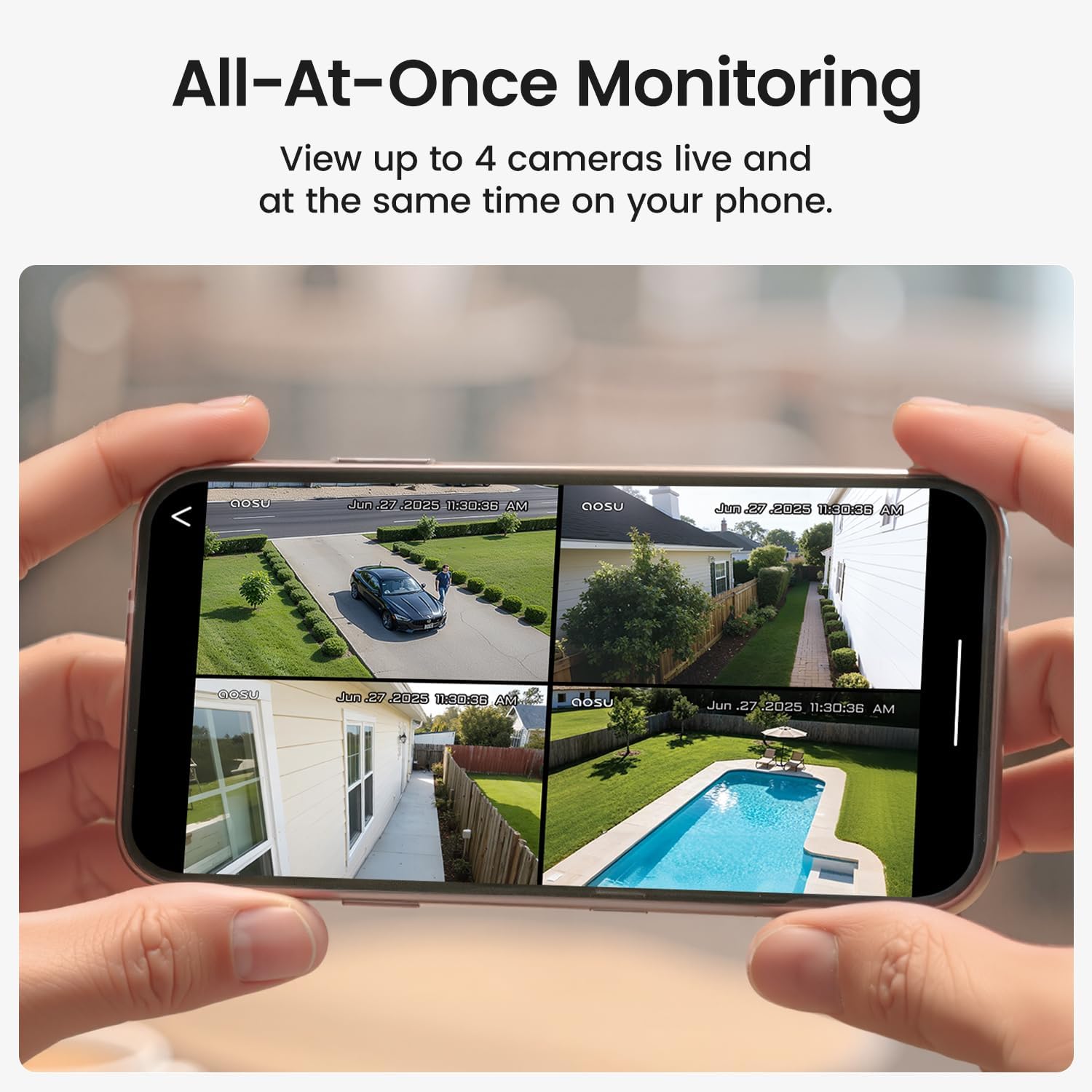 Phone showing 4 live camera feeds simultaneously