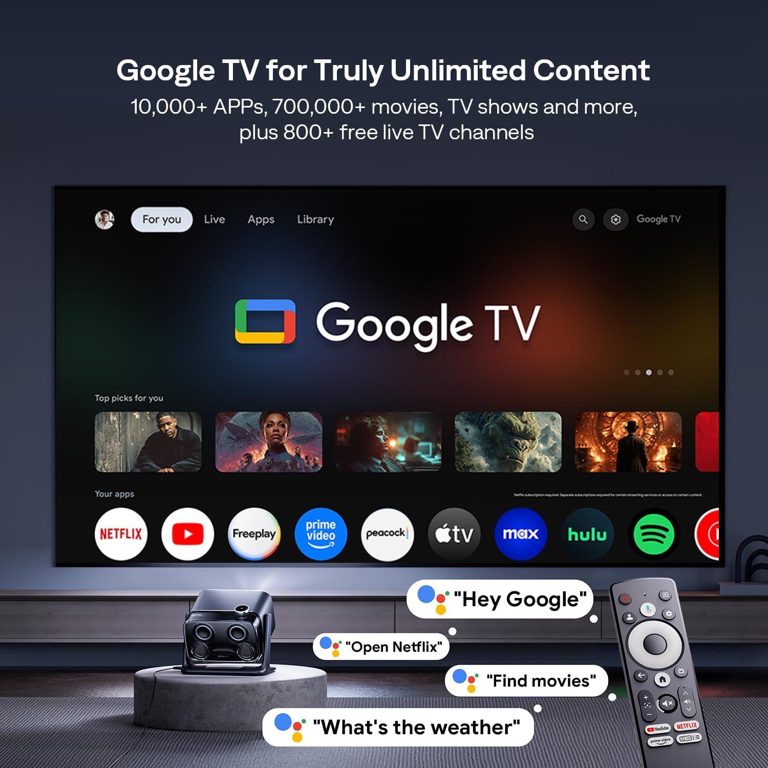 Official Google TV ecosystem — Netflix, YouTube, Disney+ and 10,000+ apps built in