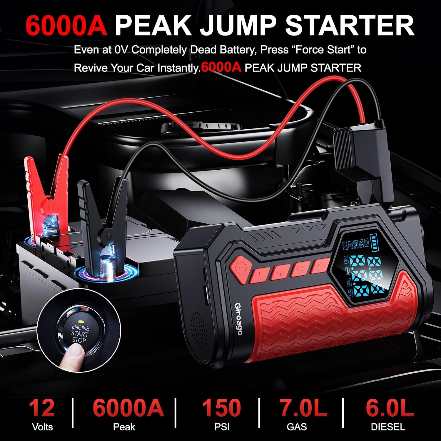 AVAPOW 6000A Jump Starter — 6000A peak · 7.0L gas / 6.0L diesel · Force Start