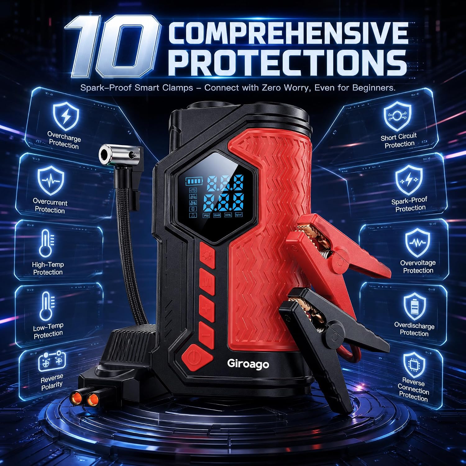 AVAPOW 6000A Jump Starter — Spark-proof clamps · Reverse-polarity safe · 10 protections