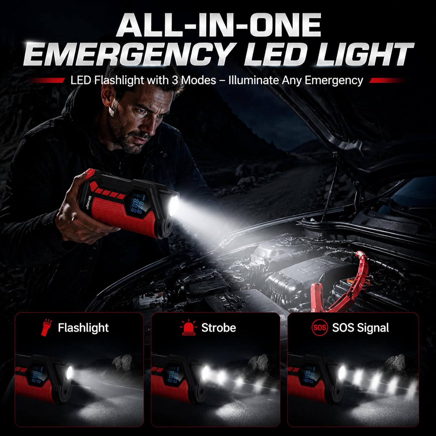 AVAPOW 6000A Jump Starter — Flashlight · Strobe · SOS signal