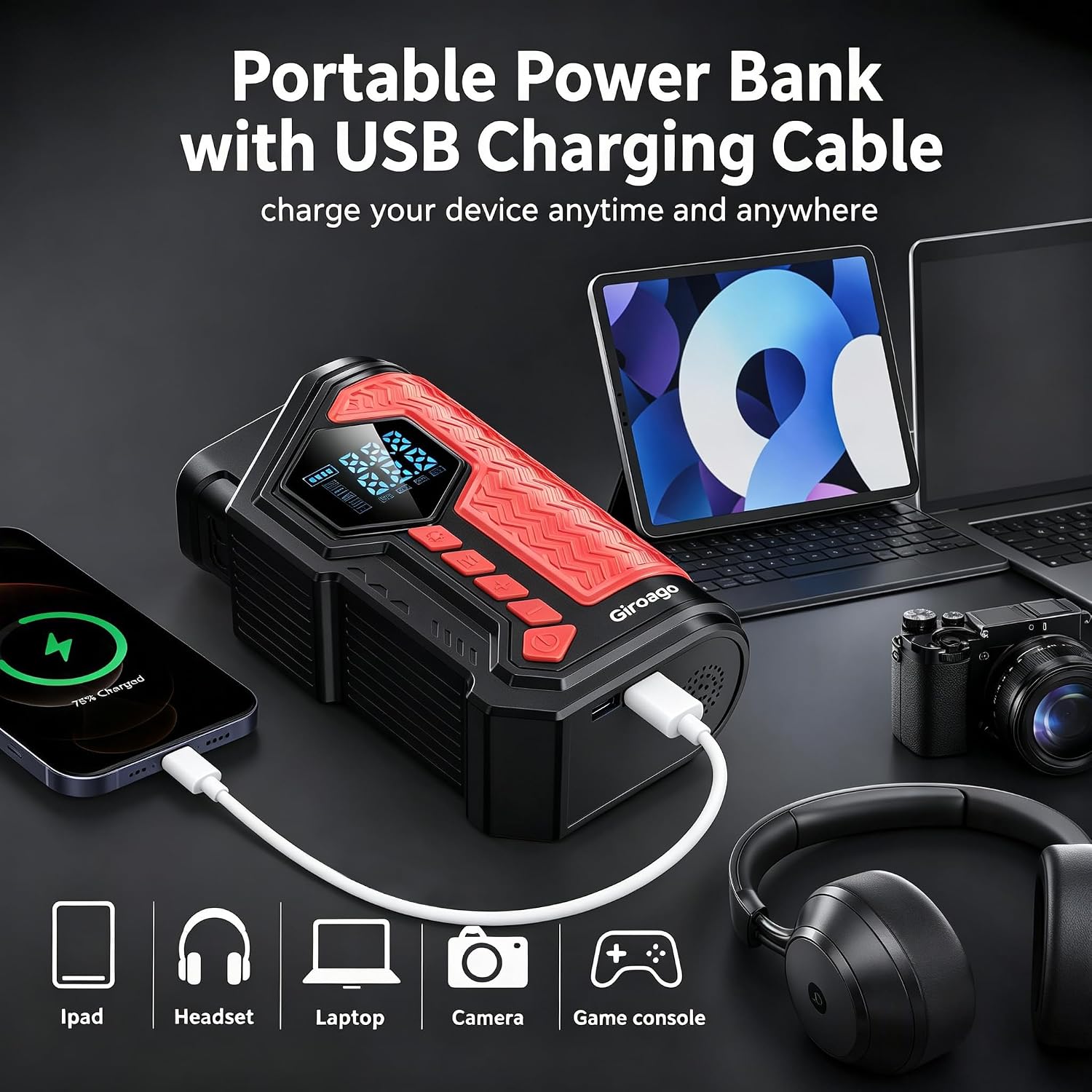 AVAPOW 6000A Jump Starter — Power bank · USB output · Charge anywhere