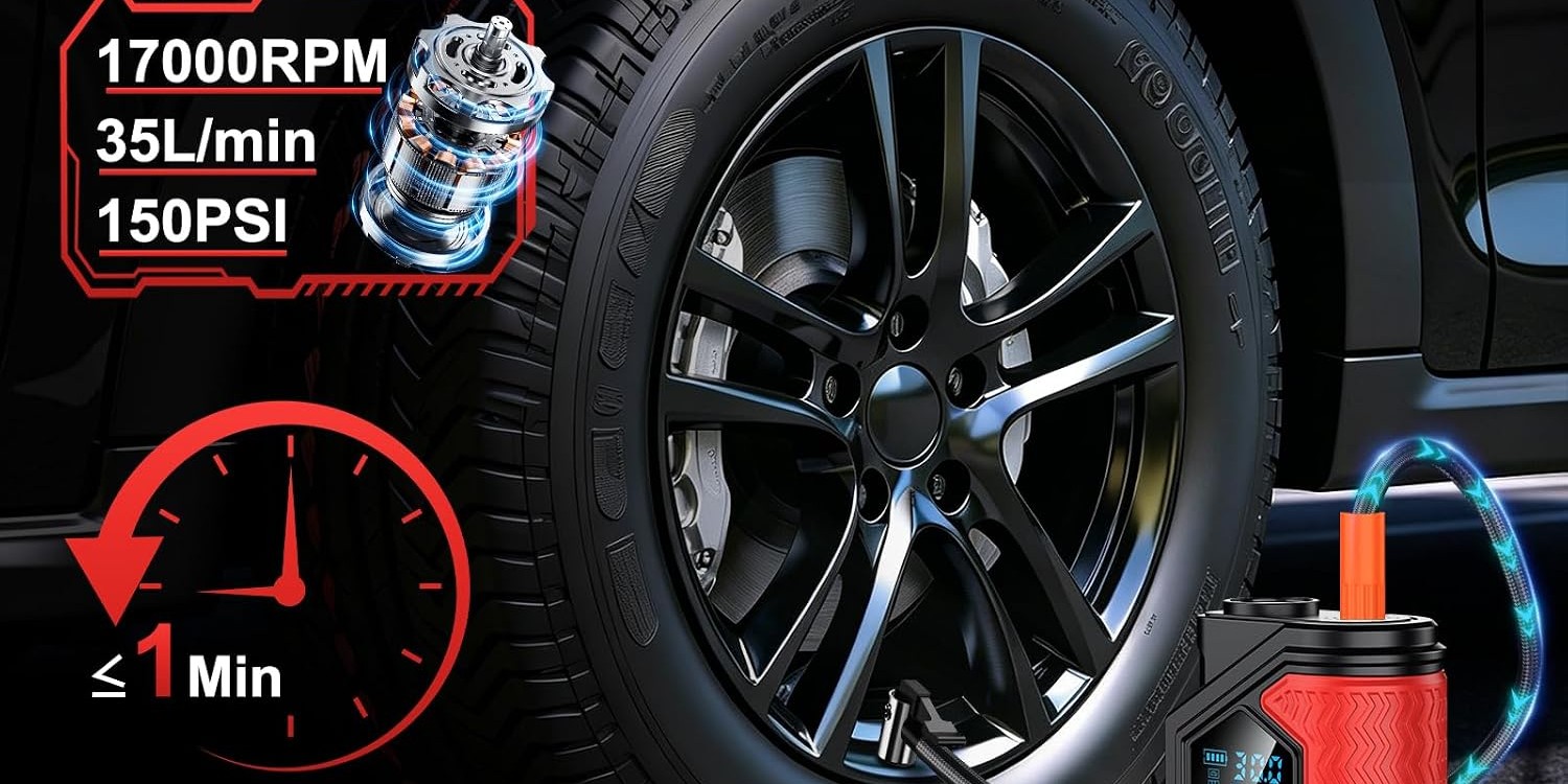 AVAPOW 6000A inflating a car tire with auto shut-off at target pressure