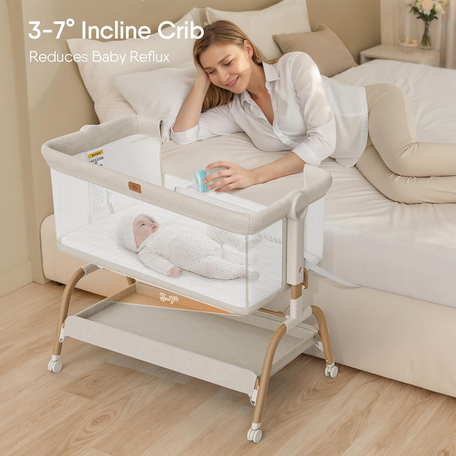 BabyBond Bedside Bassinet — 3–7° incline · Anti-reflux · Comfortable sleep