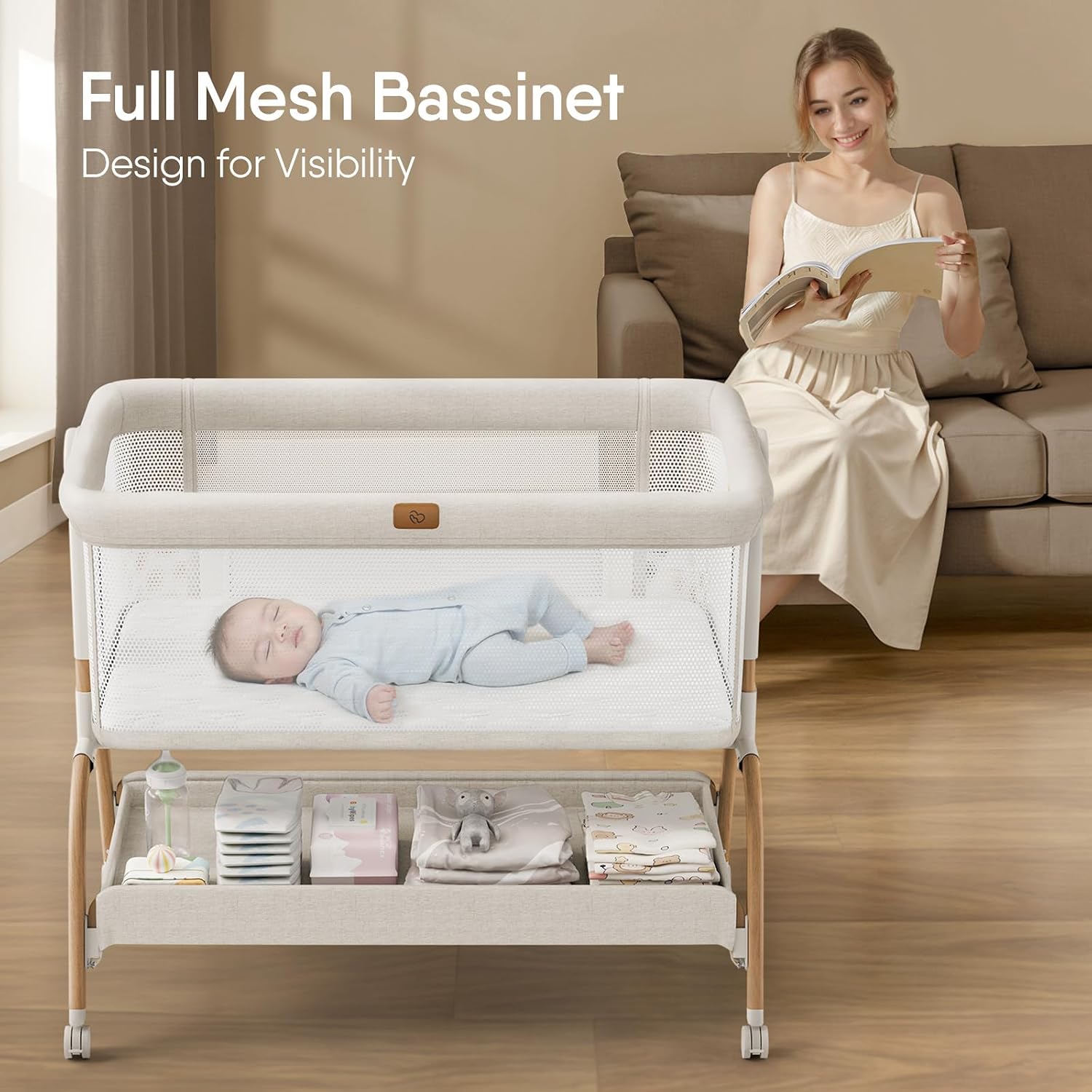 BabyBond Bedside Bassinet — Full mesh · Airflow · See-through sides