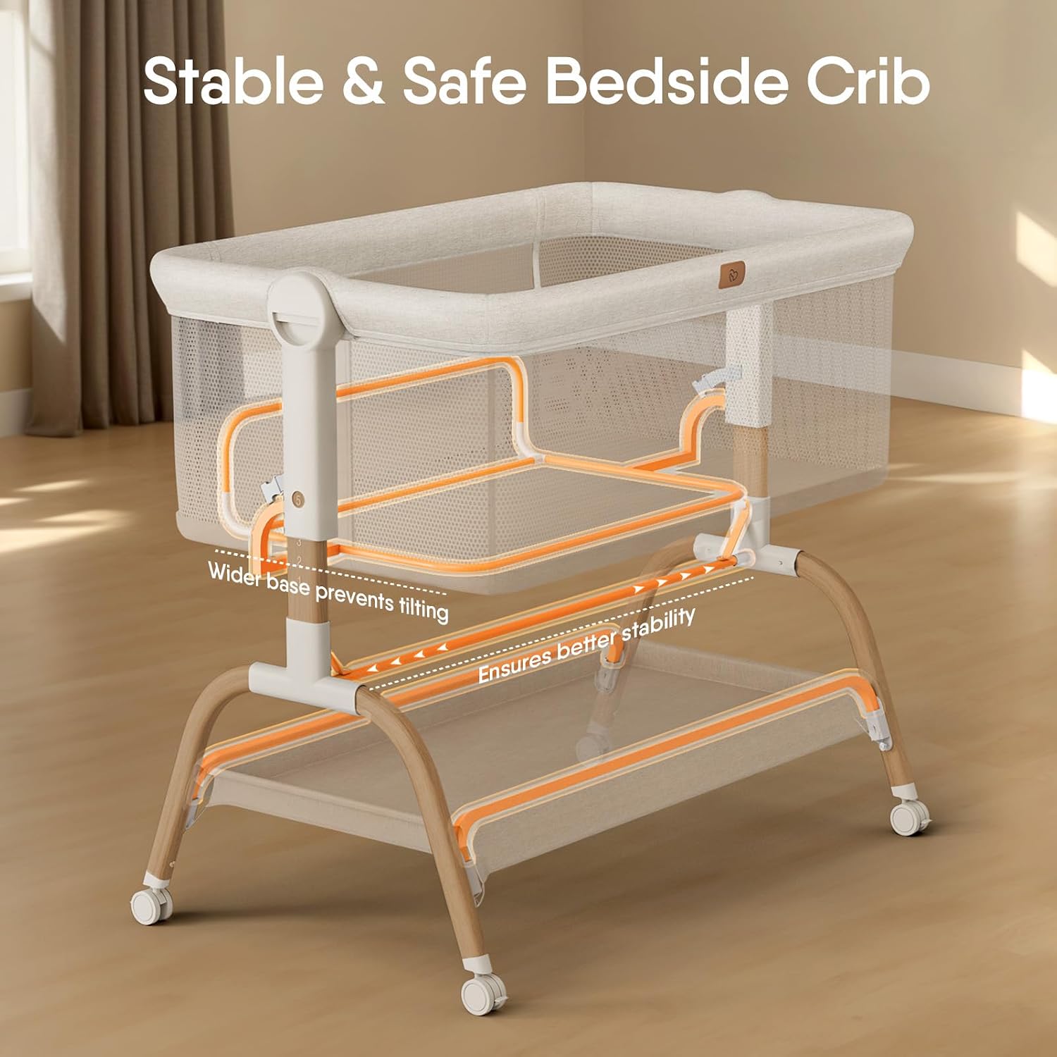 BabyBond Bedside Bassinet — Extra-wide base · Safety straps · Anti-slip feet