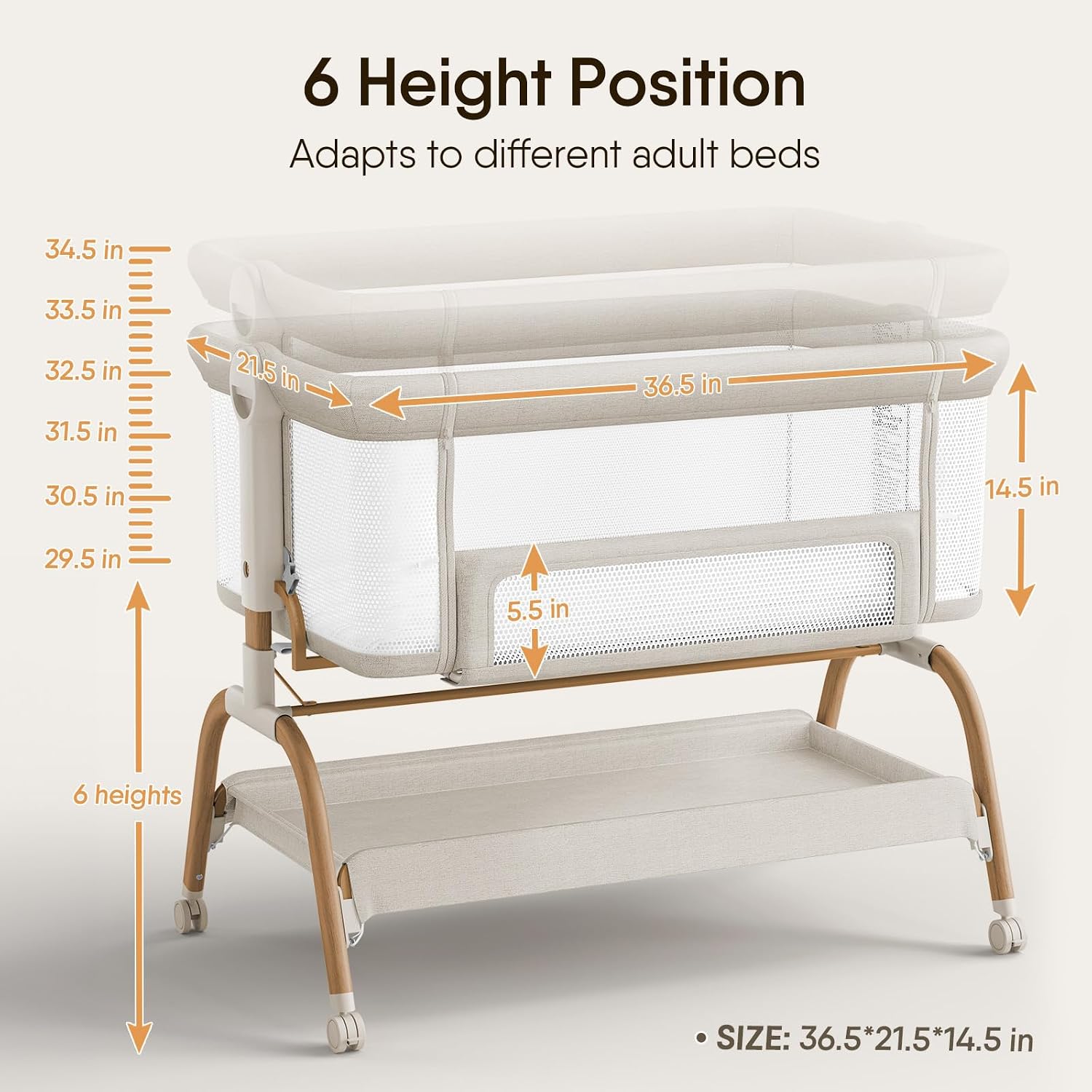 BabyBond Bedside Bassinet — 6 heights · Fits most beds · Gap-free fit