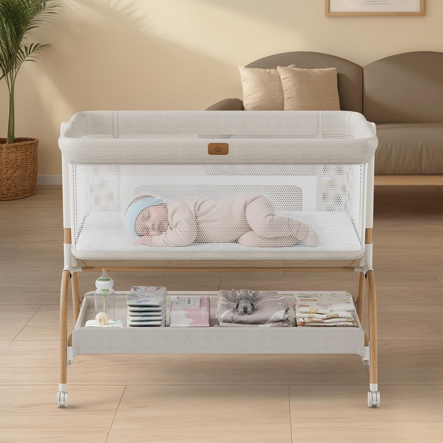 BabyBond Bedside Bassinet — 3-in-1 convertibility · Storage basket · Diaper mode
