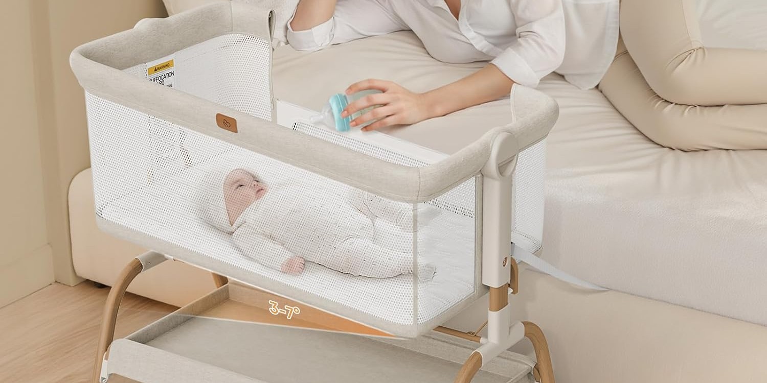Parent leaning over the BabyBond bassinet for an easy nighttime feed