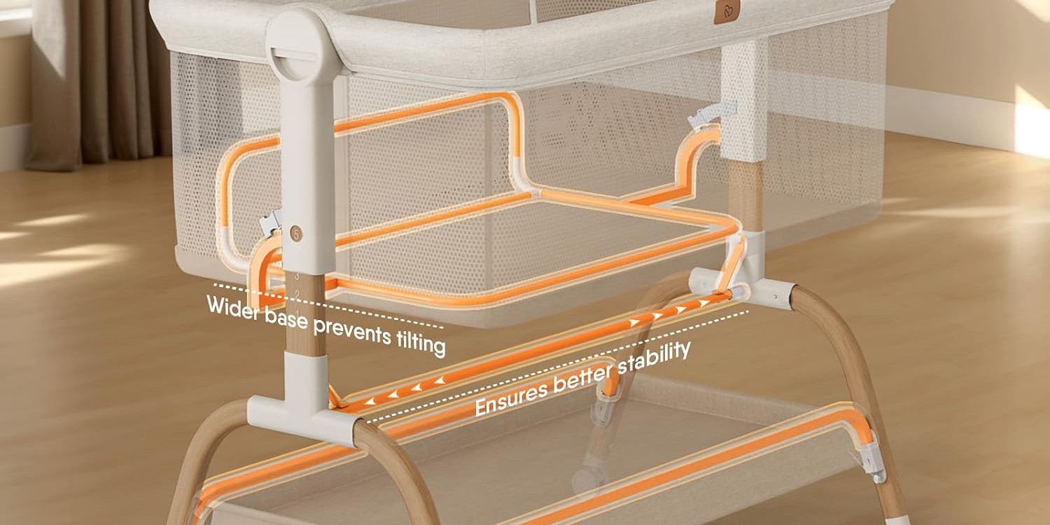 BabyBond bassinet's stable extra-wide base with safety straps