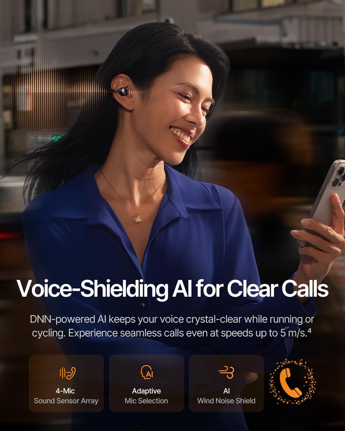4-mic AI voice shielding for crystal clear calls in traffic and wind