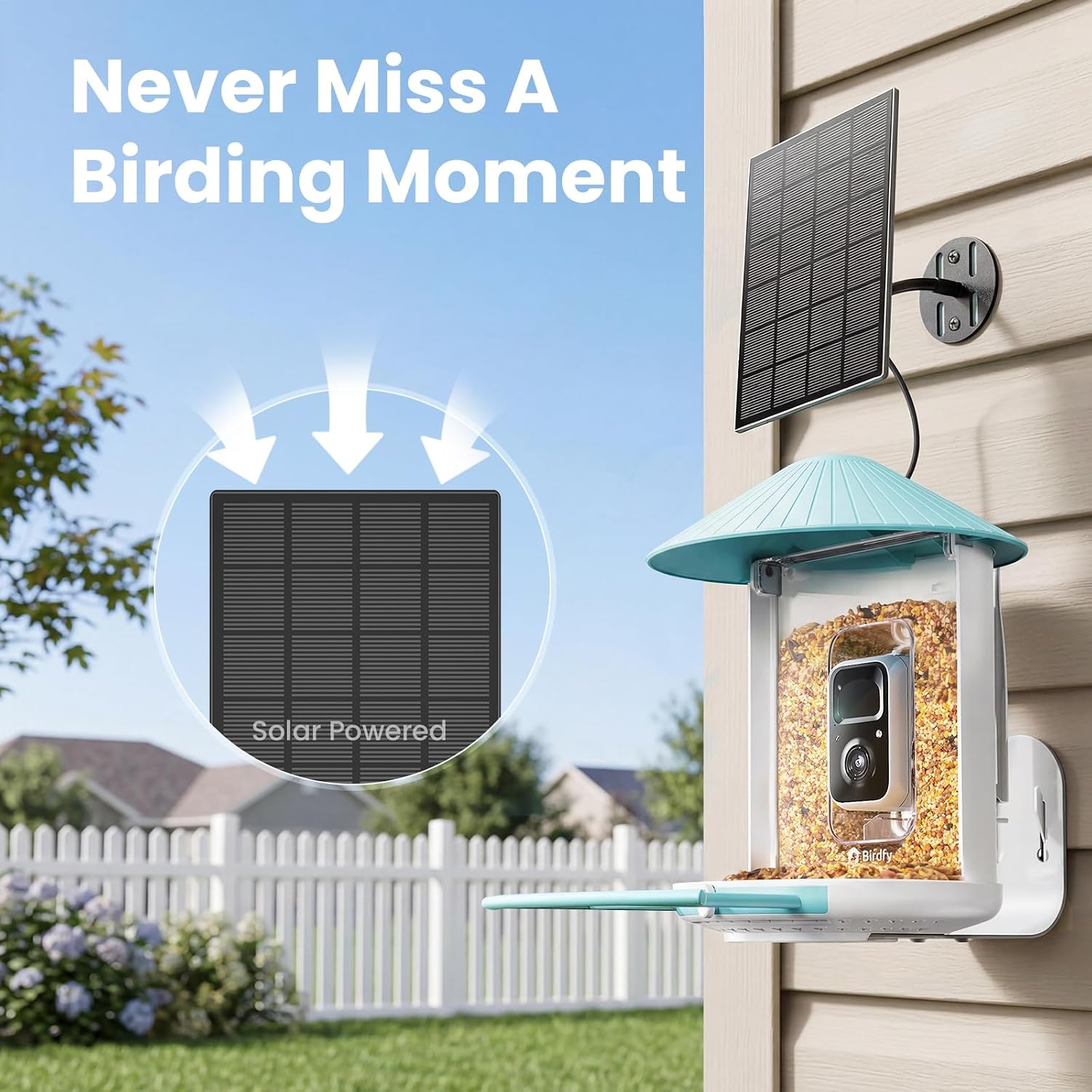 Birdfy weatherproof feeder housing in the rain
