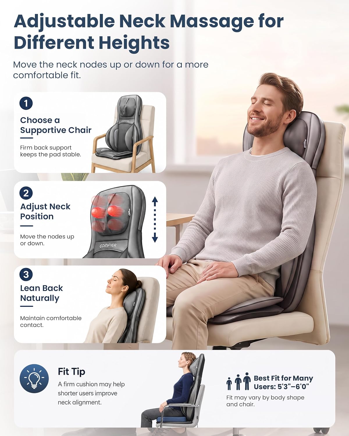 COMFIER Shiatsu Back Massager — Adjustable height · Fits ~5'3