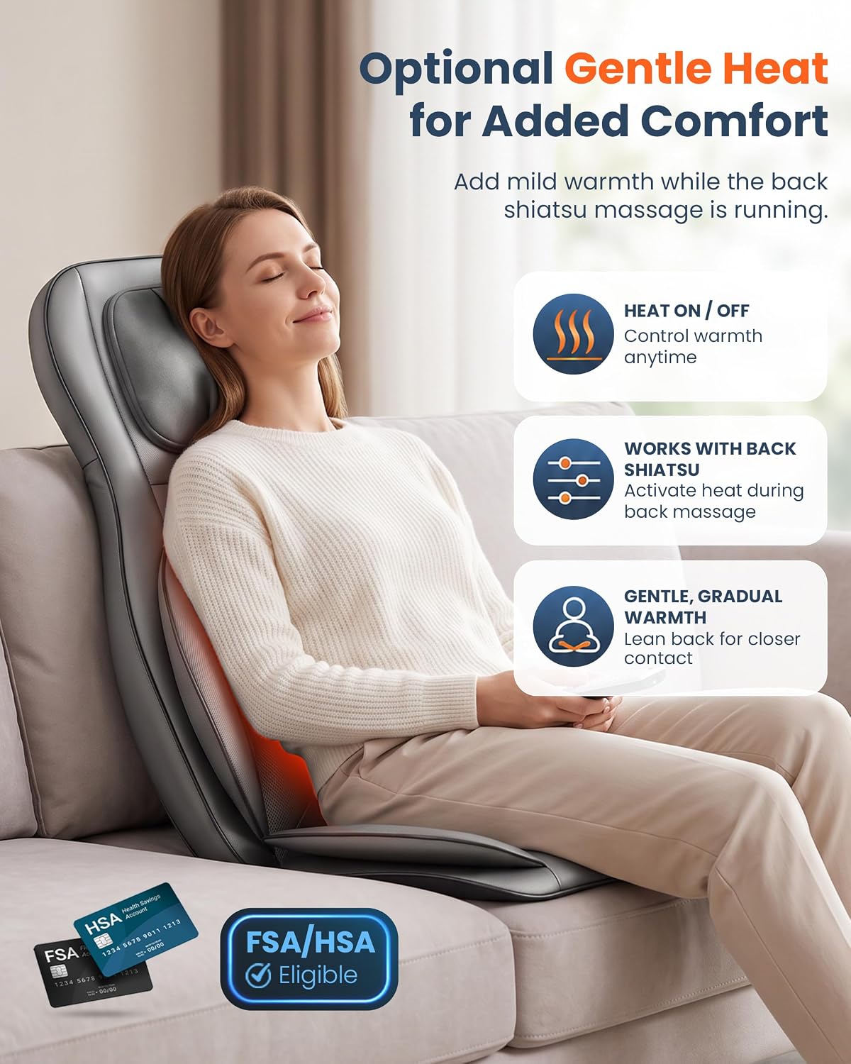 COMFIER Shiatsu Back Massager — Gentle heat · Optional · Soothing warmth