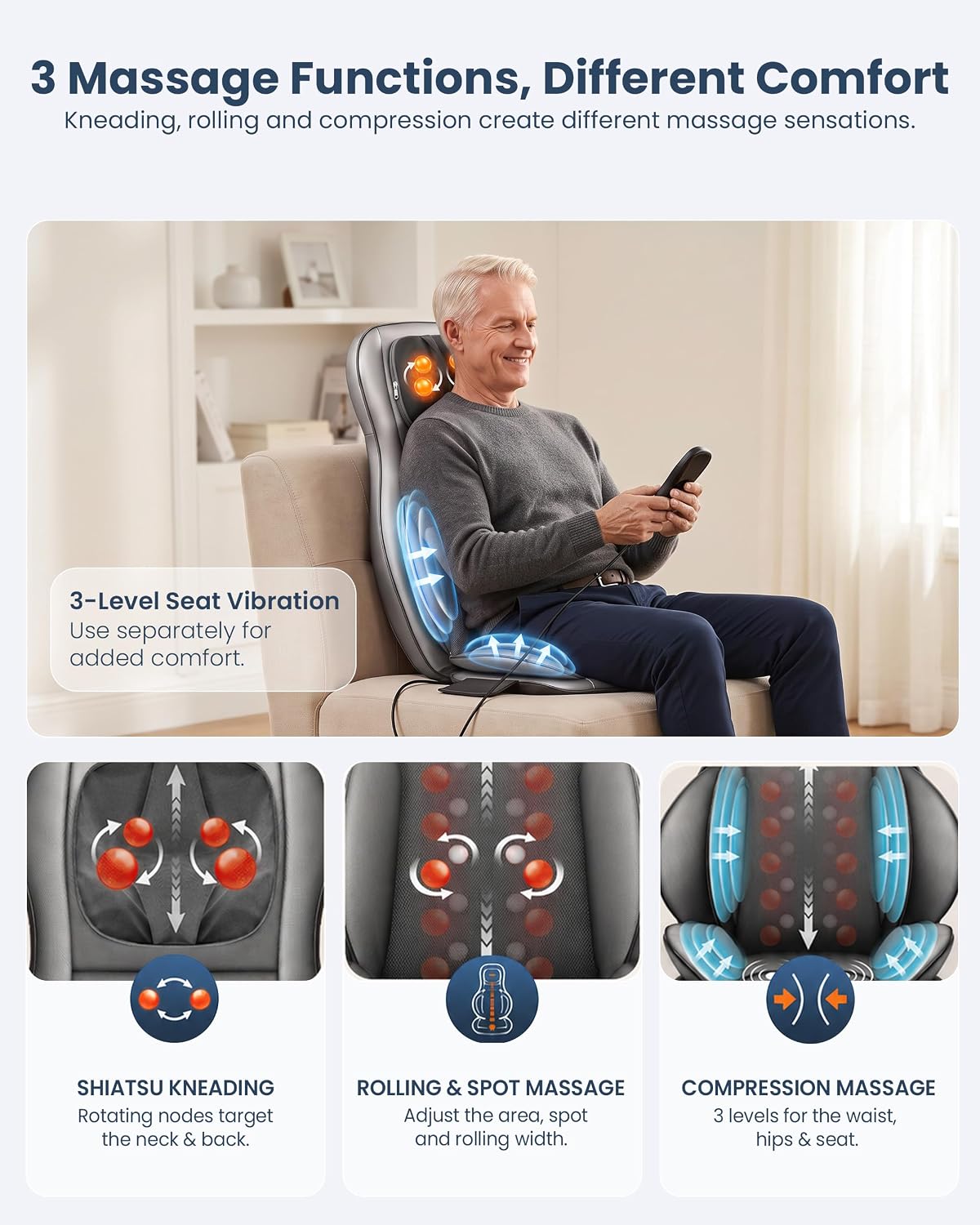 COMFIER Shiatsu Back Massager — 3 functions · 2D/3D shiatsu · Rolling mode