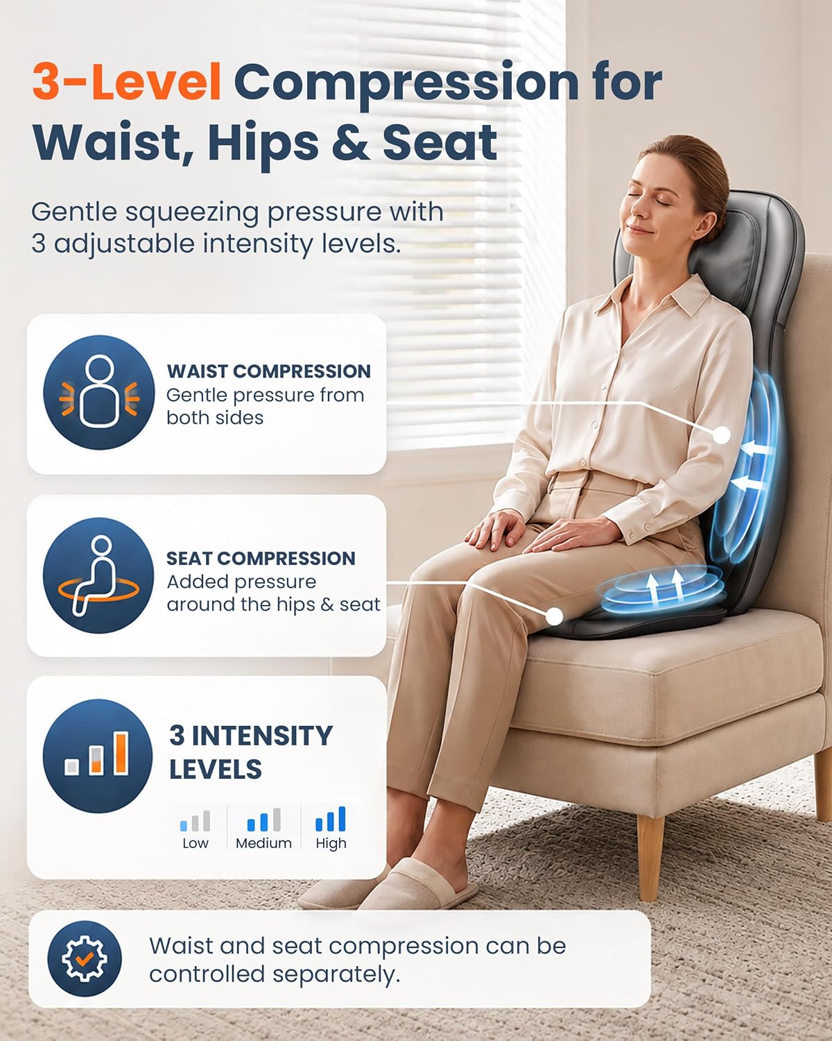 COMFIER Shiatsu Back Massager — 3-level compression · Seat vibration · Separate controls