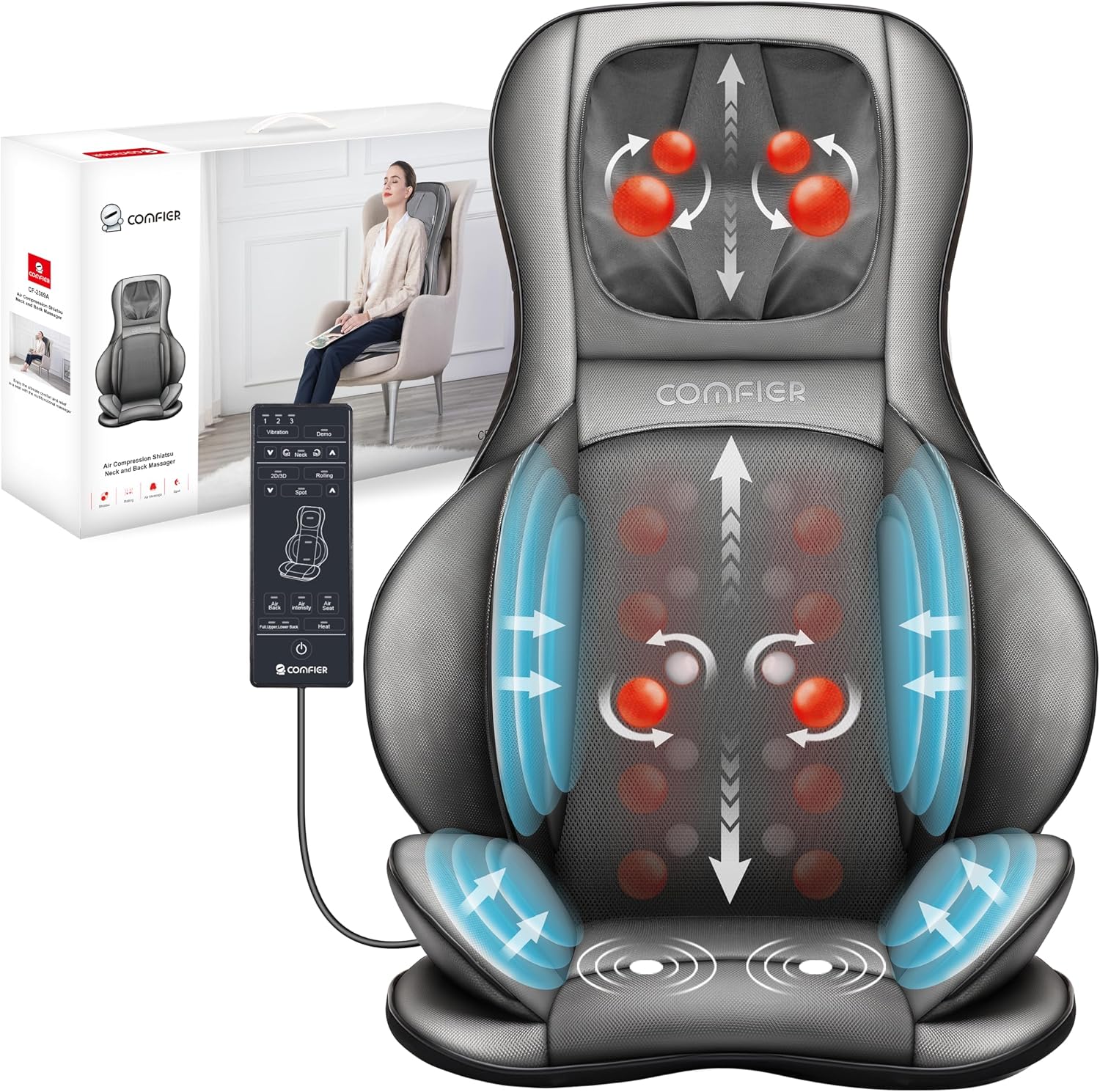 COMFIER shiatsu neck and back massager chair pad with remote control
