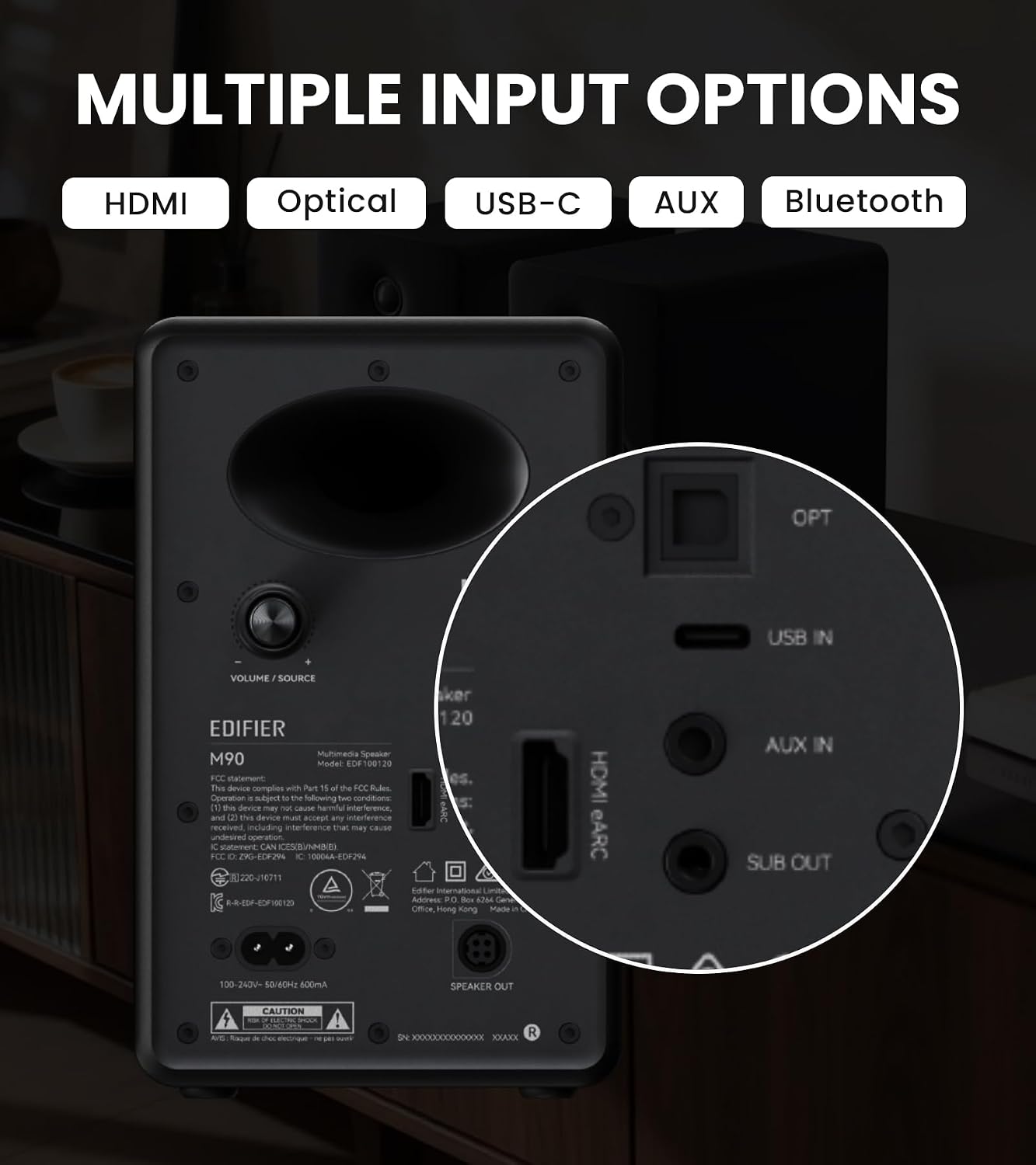 Edifier M90 Desktop Speakers — HDMI eARC · Optical · USB-C · AUX · BT