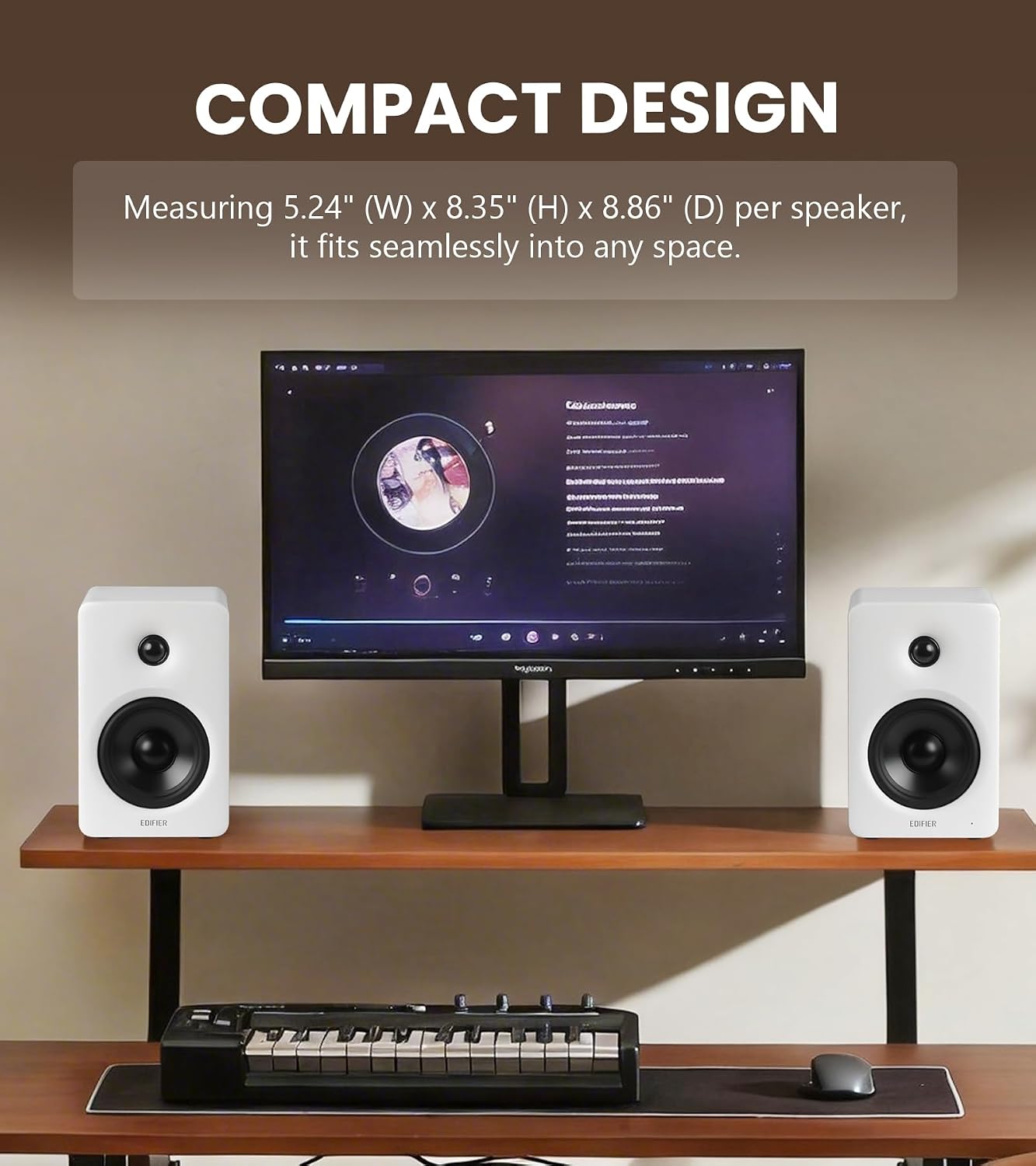 Edifier M90 Desktop Speakers — Compact footprint · Desk-friendly · Clean look
