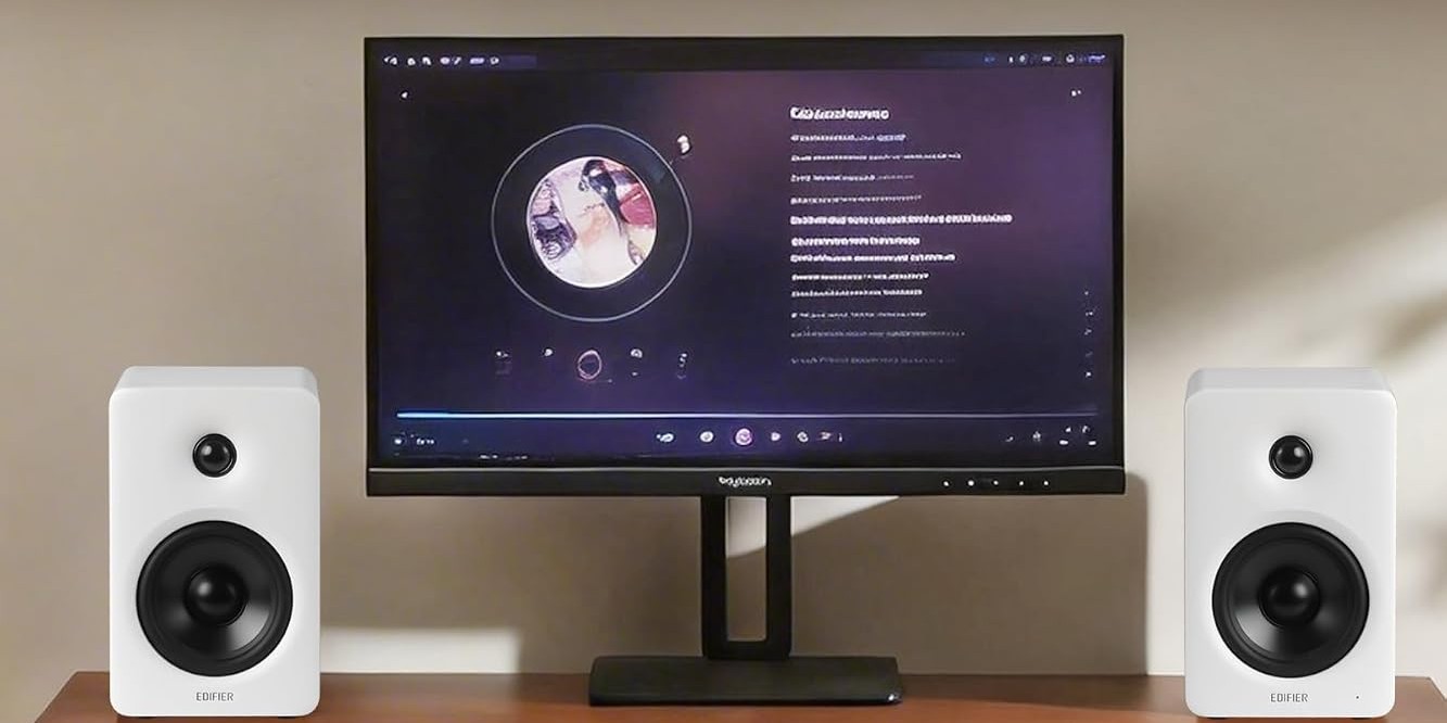 Edifier M90 speakers on a compact desk workstation