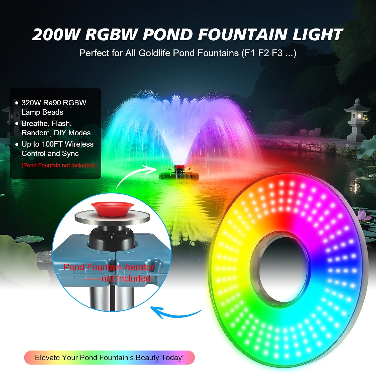 Goldlife fountain light 20,000 lumen RGBW output on a pond
