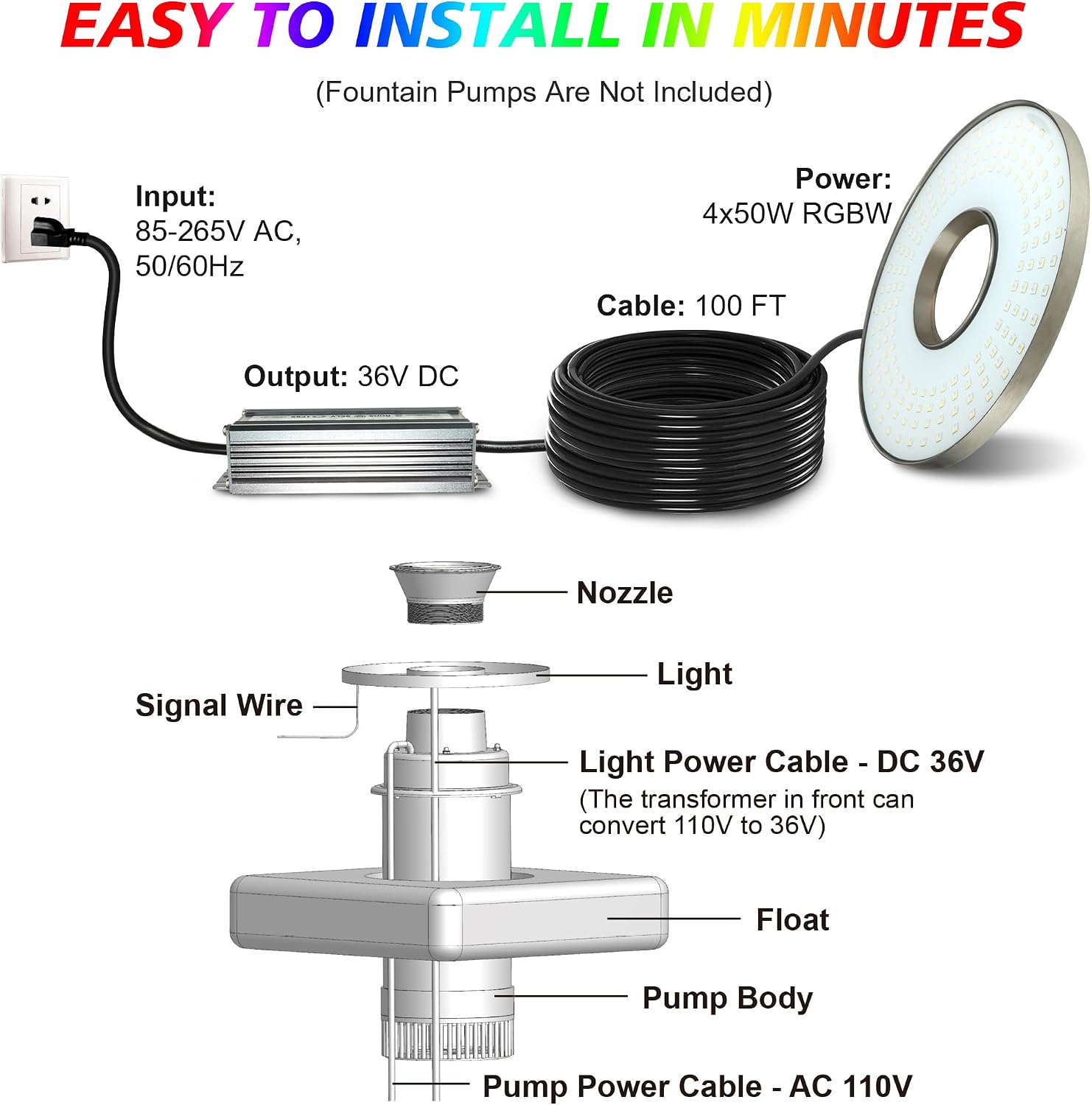 Goldlife fountain light 100 ft power cord and transformer