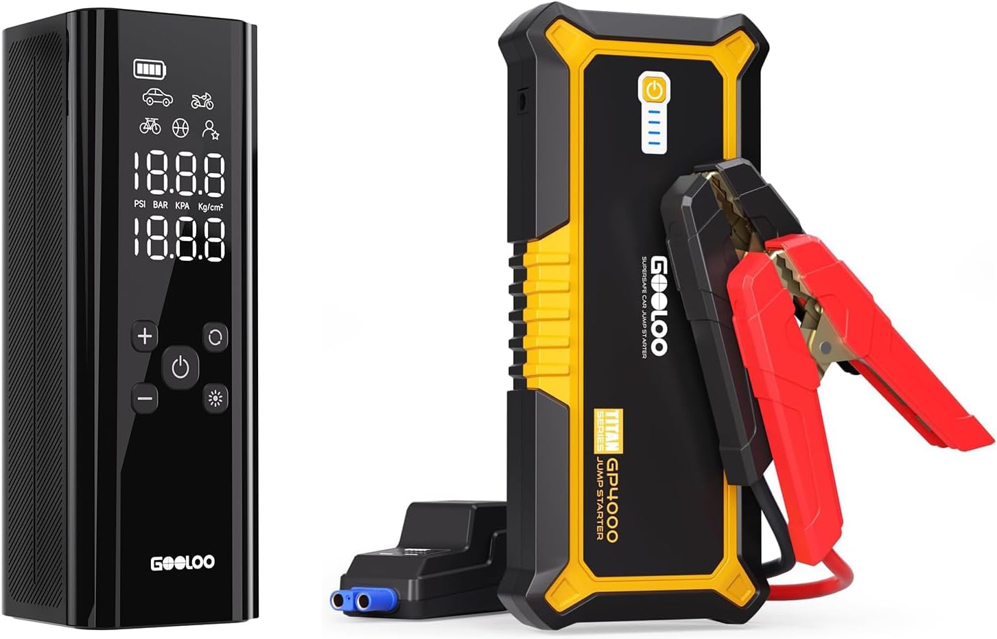 GOOLOO GP4000 jump starter with smart clamps on white background