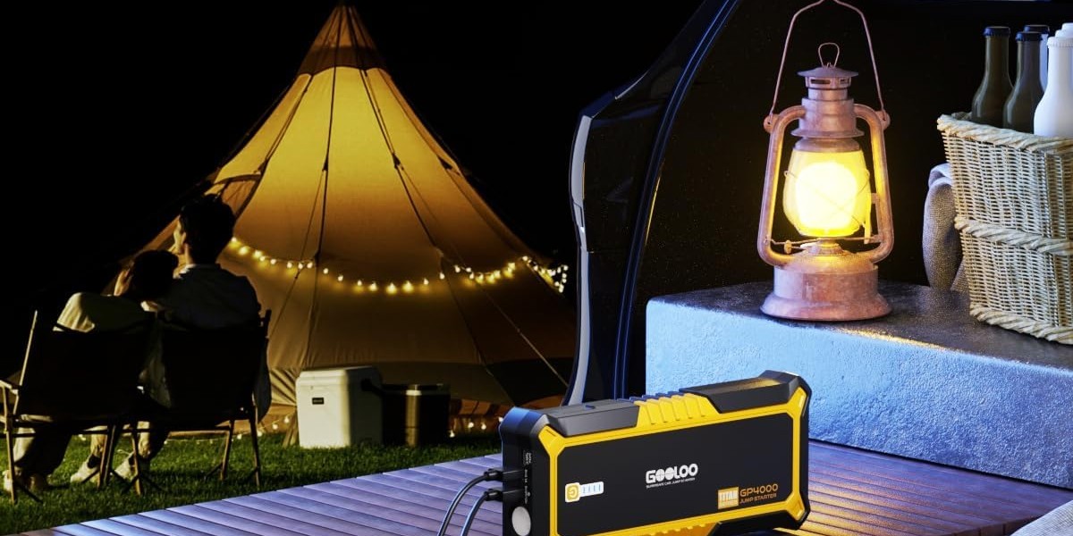 GOOLOO GP4000 powering phones and a camp lantern at a campsite