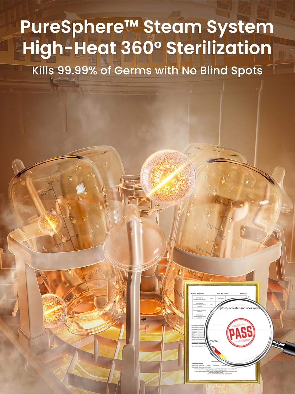 PureSphere 360° steam sterilization killing 99.99% of germs with no blind spots