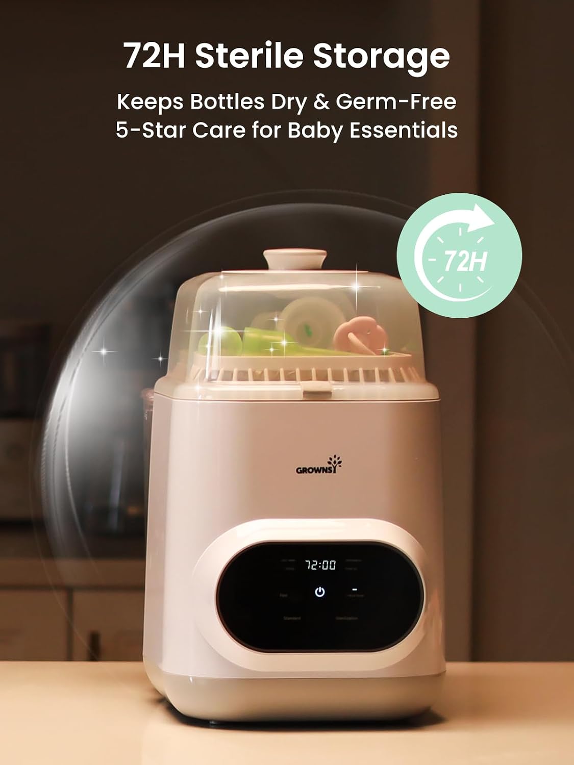 72-hour sterile storage with built-in HEPA filter keeping bottles clean and germ-free