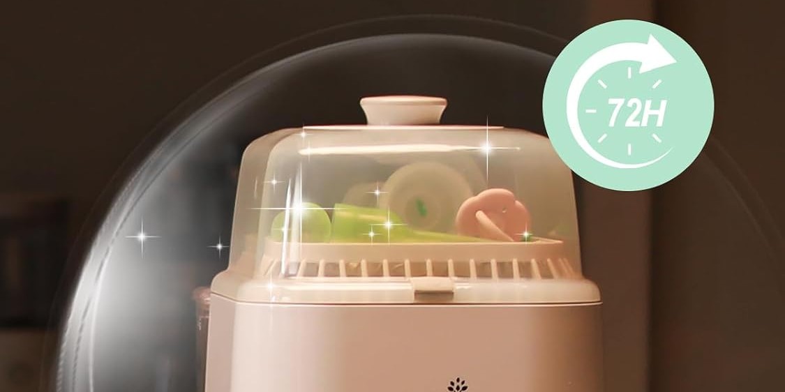 EaseClean holding sterilized bottles in 72-hour sterile storage — the 5-star core for baby feeding
