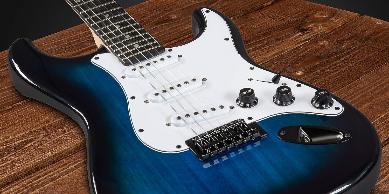 LyxPro electric guitar close-up showing rosewood fingerboard and blue finish