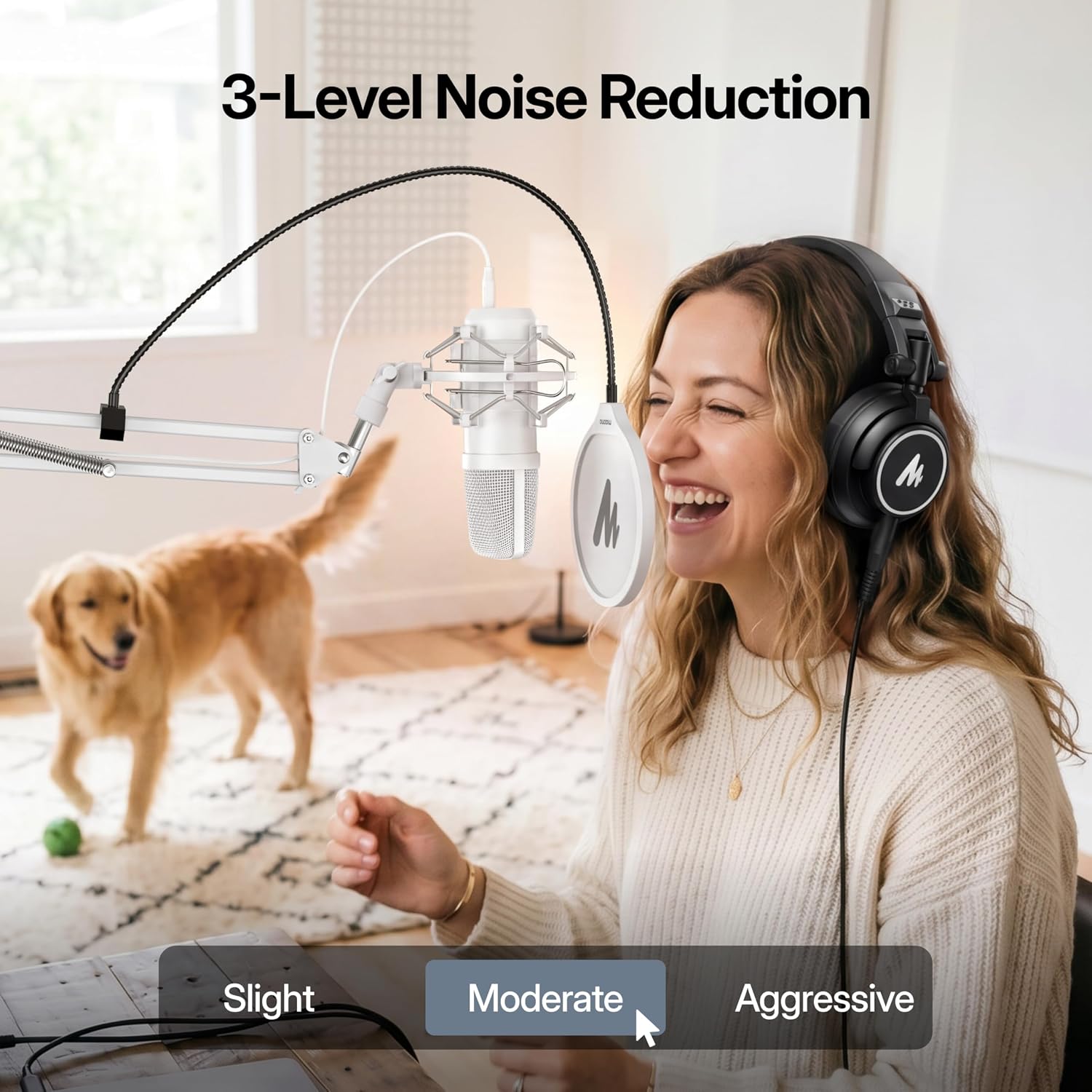 Woman singing with MAONO A04 in noisy room with dog