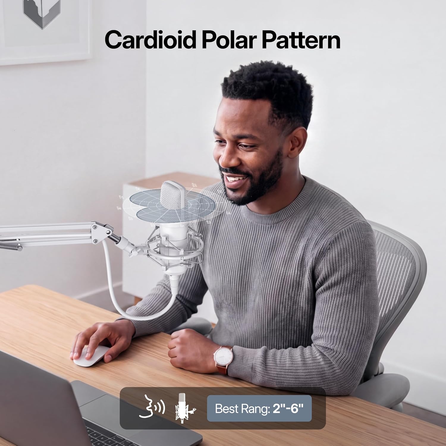 Man podcasting with MAONO A04 showing cardioid polar pattern