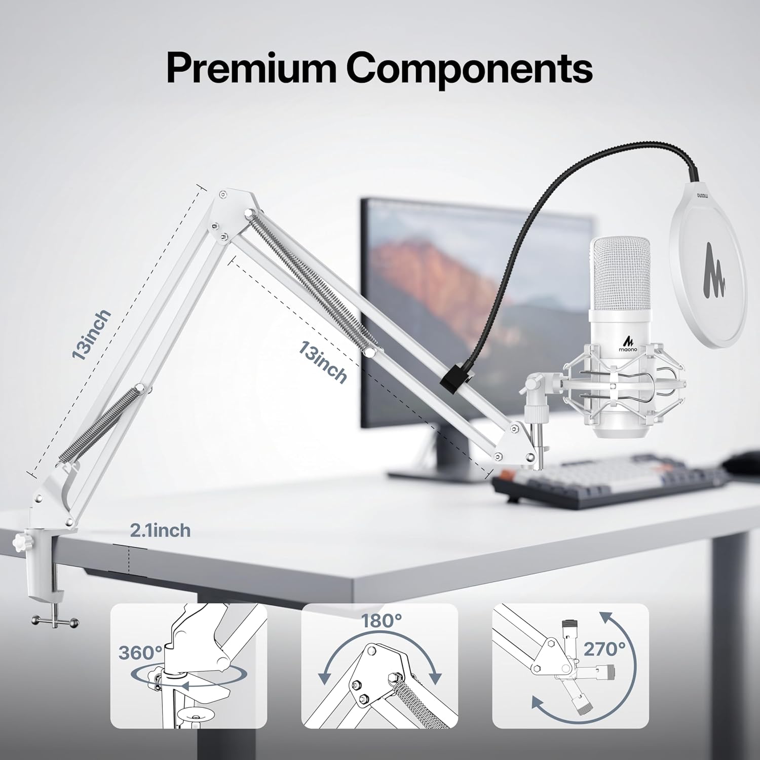 MAONO A04 boom arm showing 360/180/270 degree adjustments