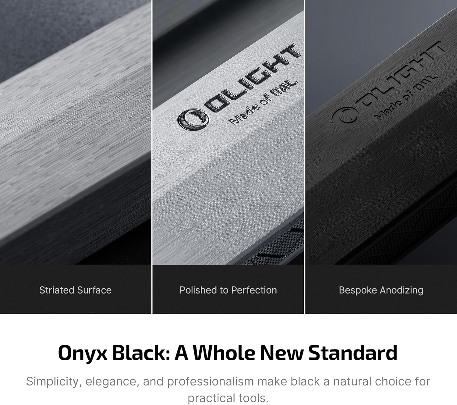 Onyx Black anodized aluminum finish — striated surface, polished edges, bespoke anodizing