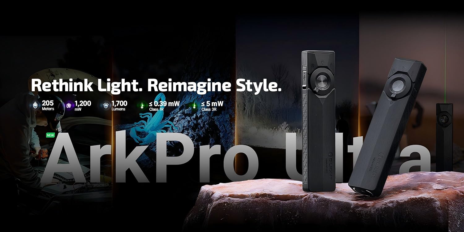 OLIGHT ArkPro Ultra in Onyx Black standing on rock — Rethink Light. Reimagine Style. 1,700 lumens, 205 meters beam, 1,200 mW UV, Class 3R green beam