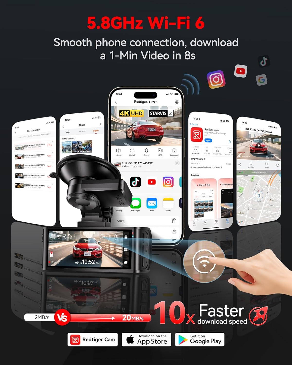 REDTIGER F7N 5GHz WiFi app download footage to phone
