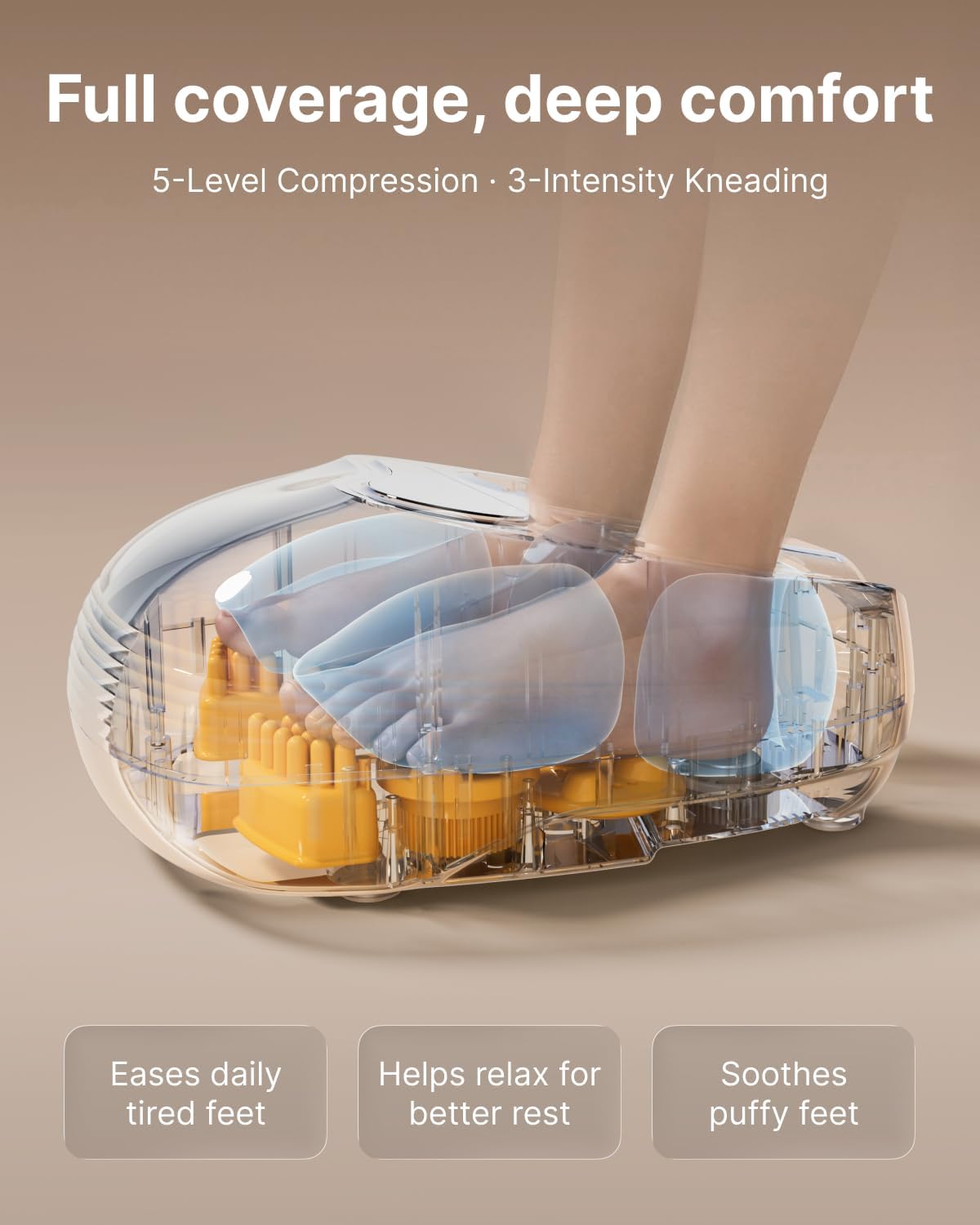 Full coverage deep comfort — 5-level compression and 3-level kneading with heat