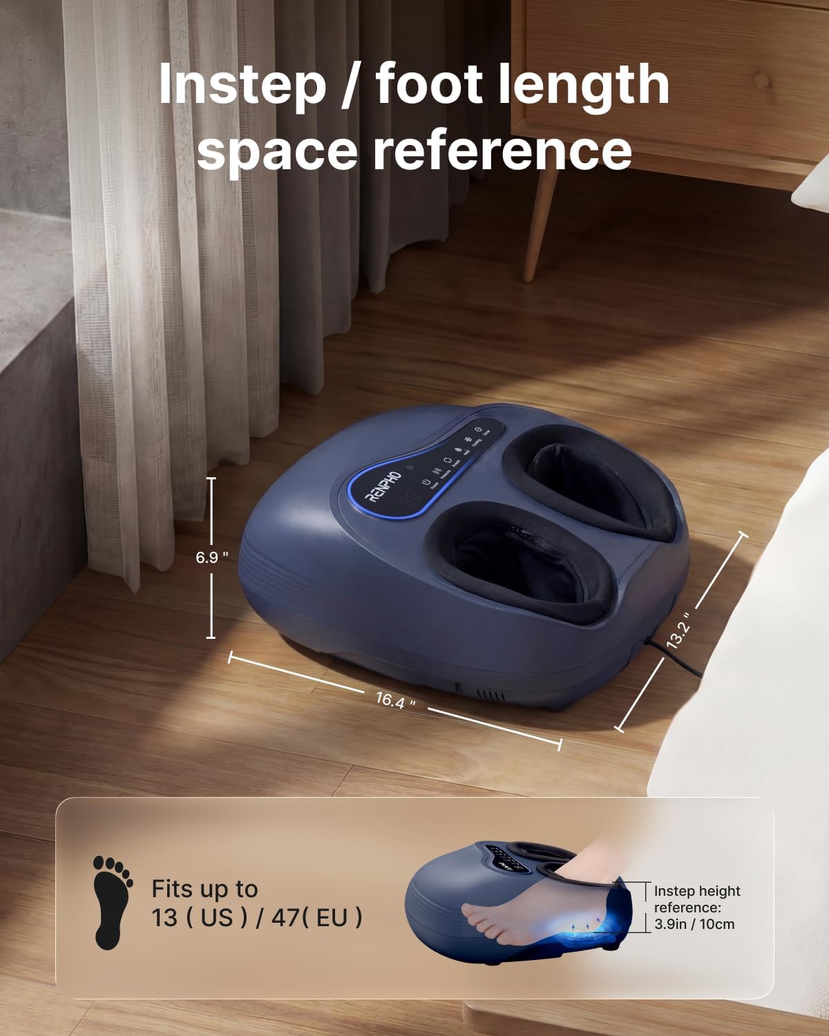 Instep and foot length space reference — fits up to men's size 13 feet