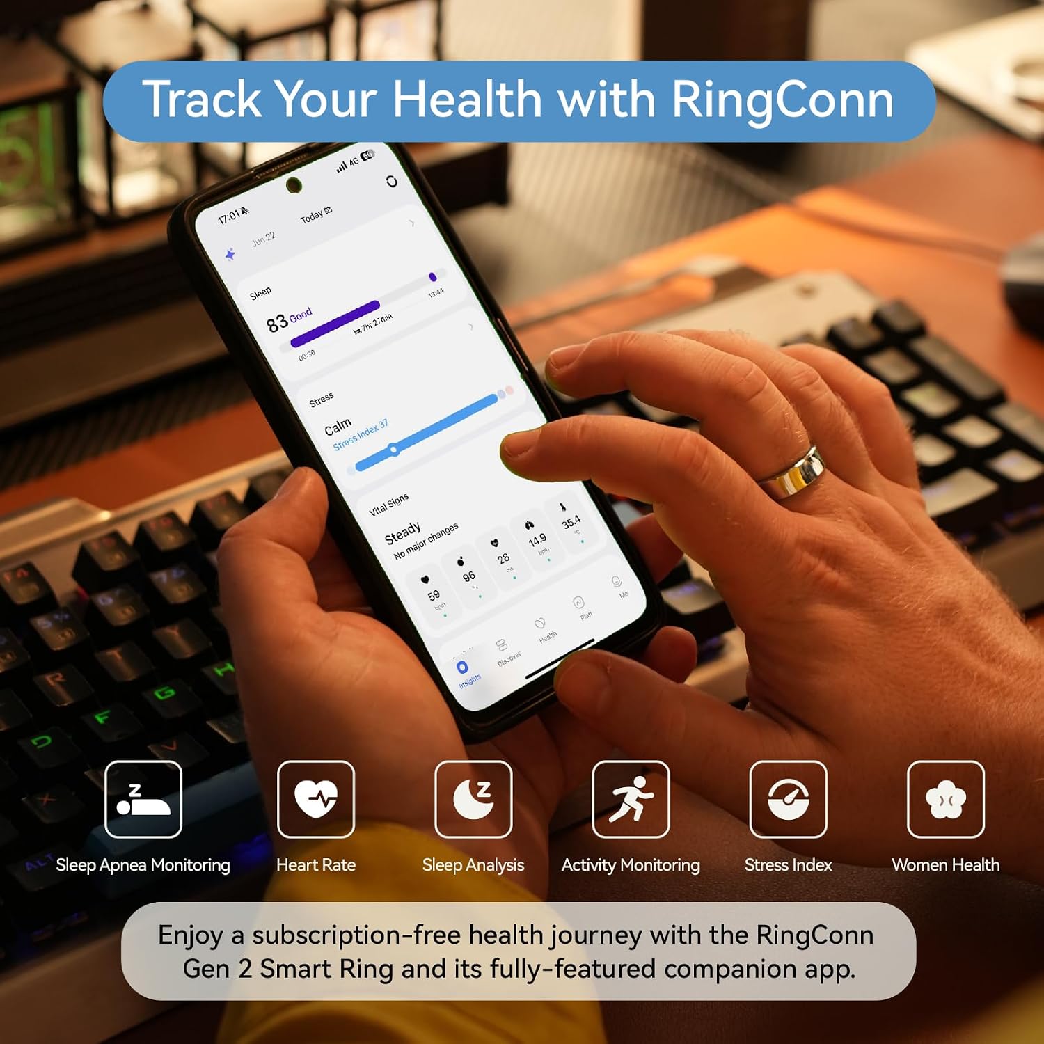 RingConn app showing health data with no subscription