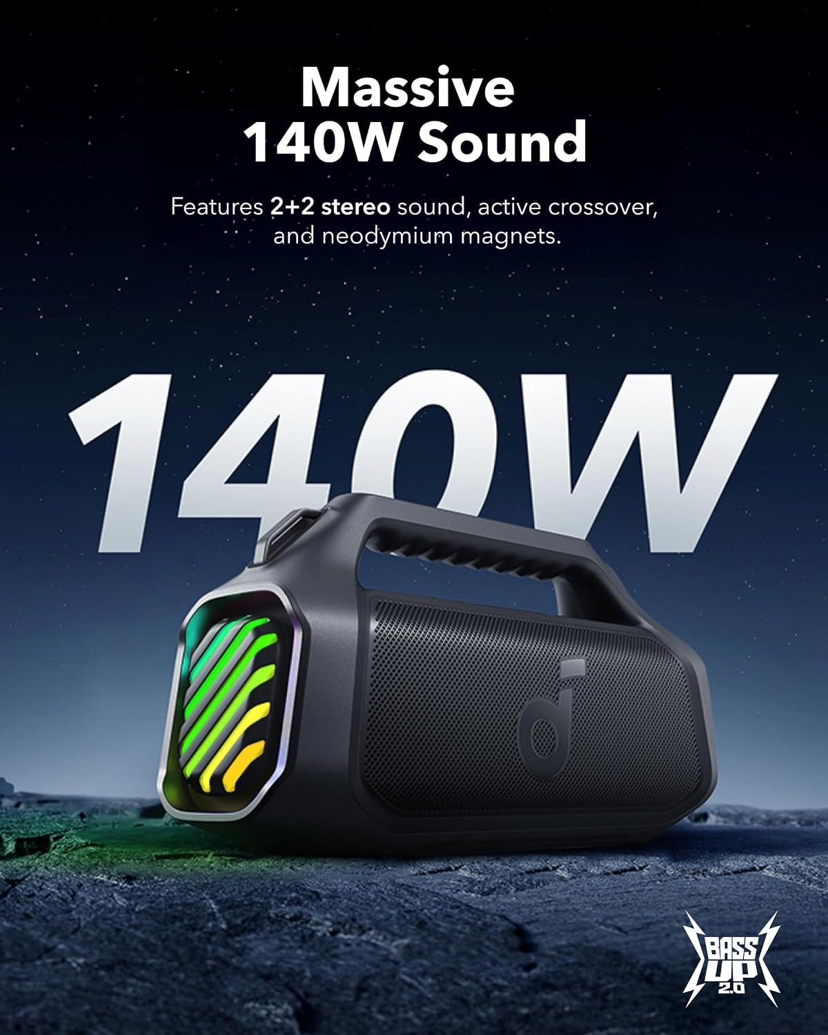 Massive 140W sound with 2+2 stereo clarity — dual 50W woofers and dual 20W tweeters