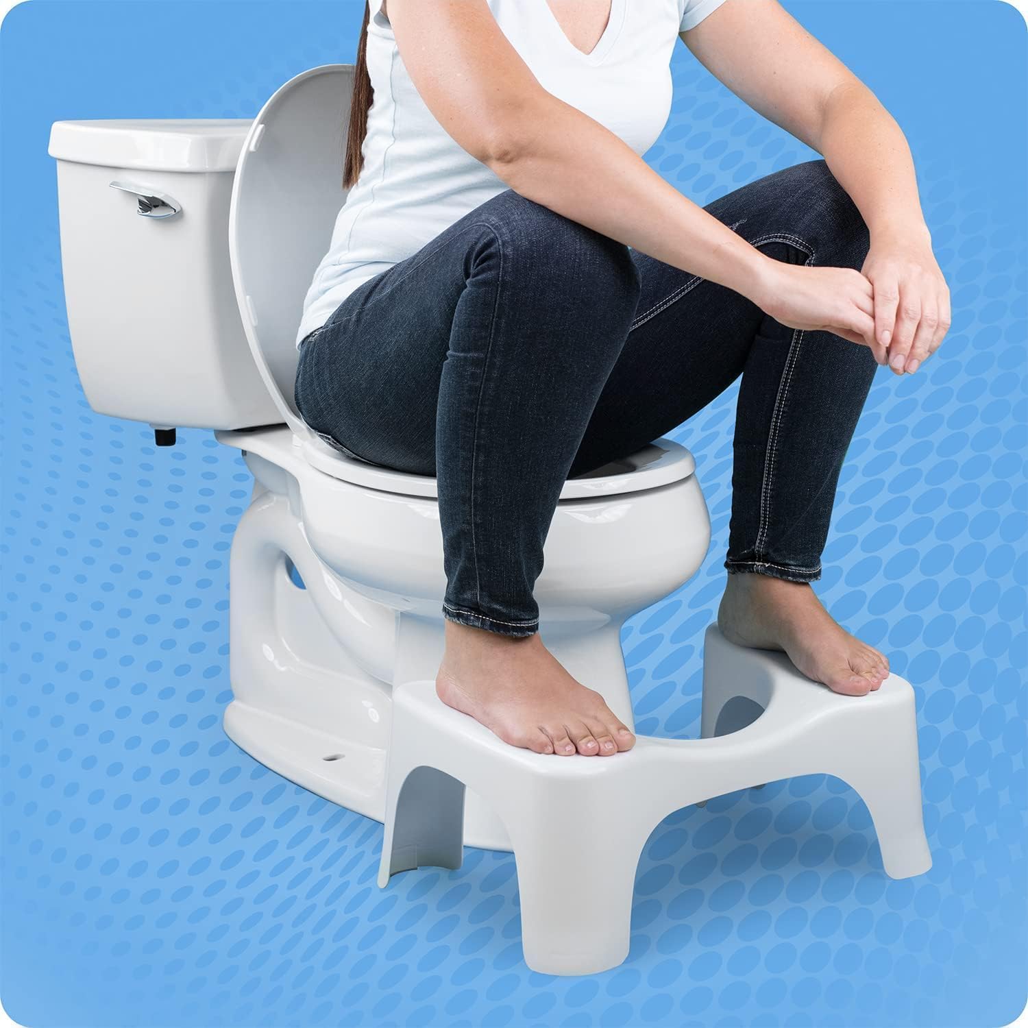 Demonstration of natural squatting posture on the Simple Curve stool