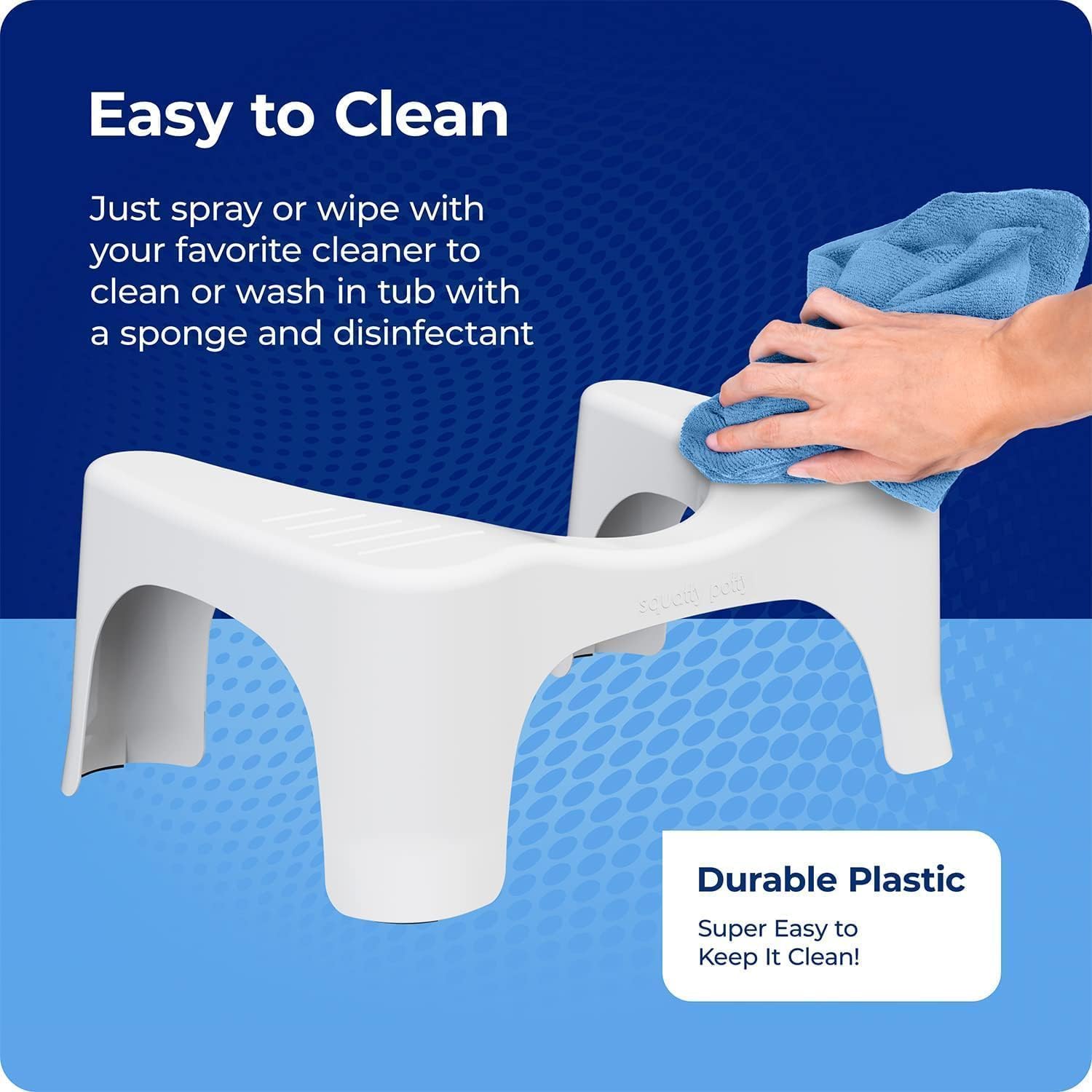 Wiping the Simple Curve stool clean with a cloth — durable plastic, easy to clean