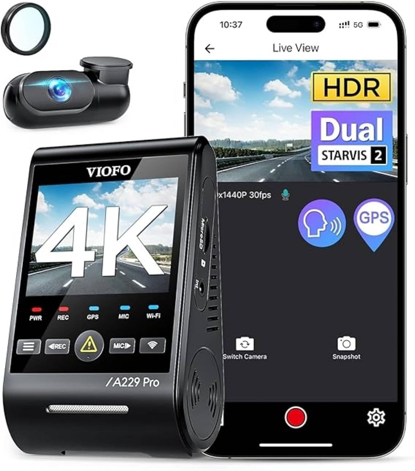 VIOFO A229 Pro 4K front and 2K rear dash cam with phone app preview