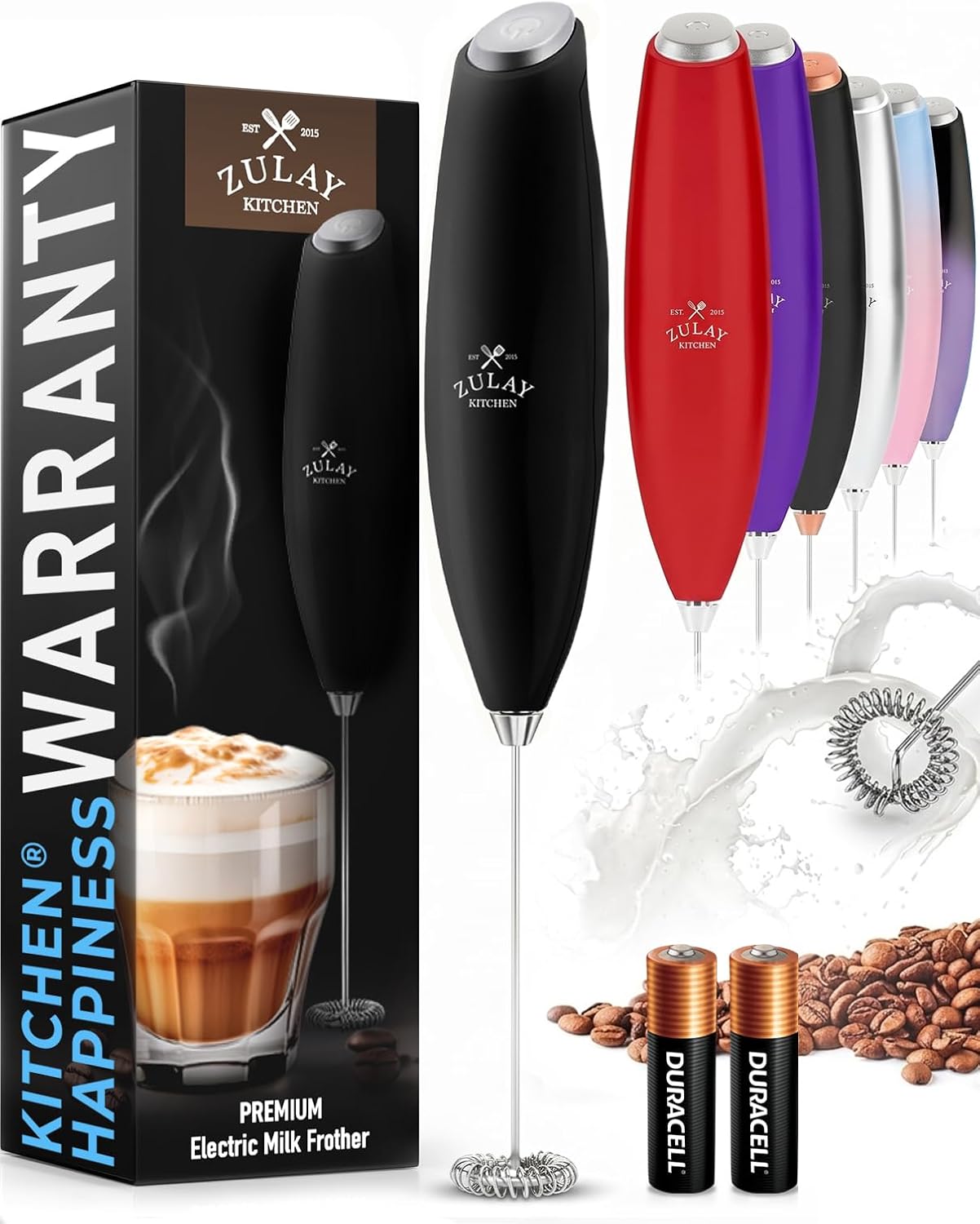 Zulay frother retail box with two Duracell batteries included and lifetime warranty card