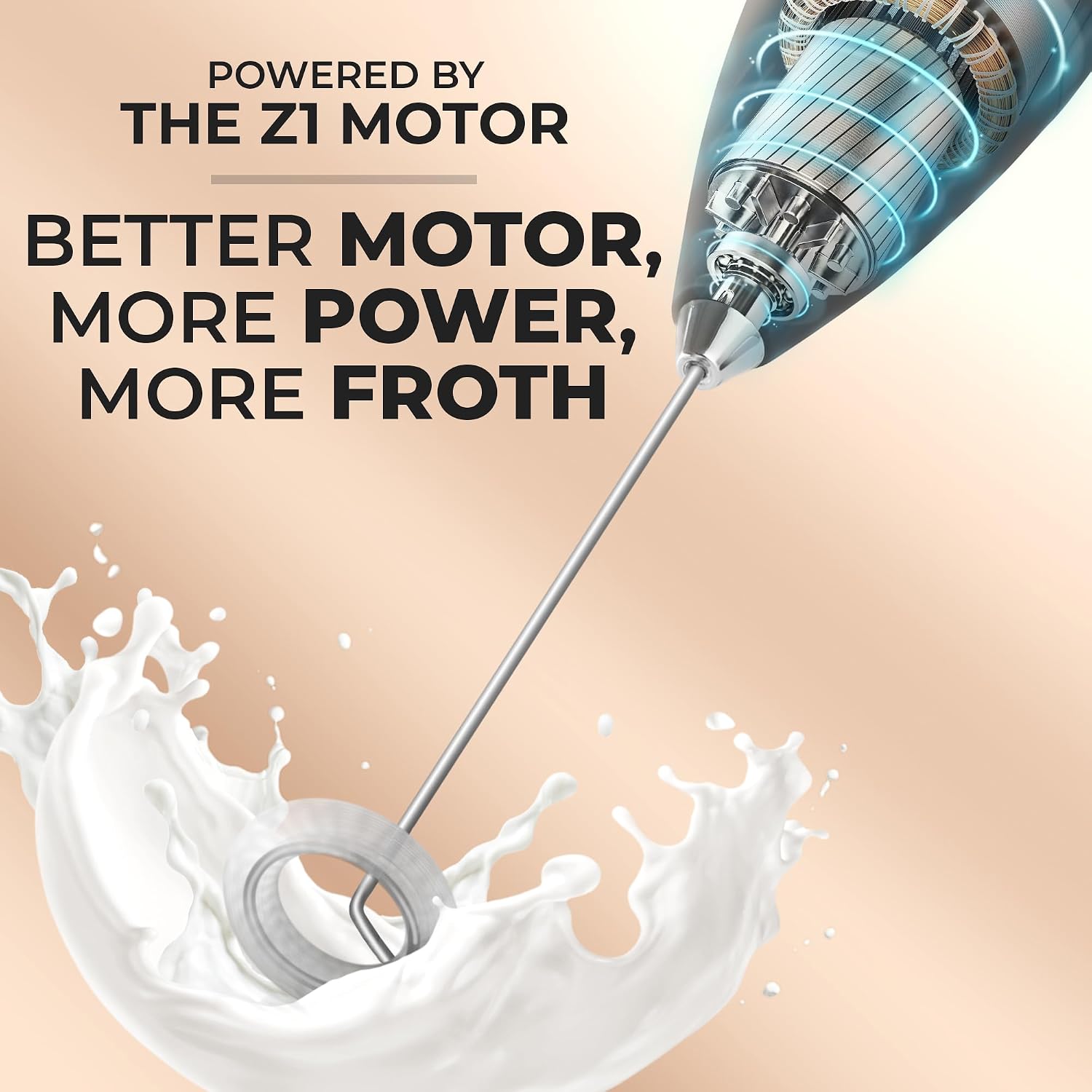 Zulay frother powered by the Z1 motor — more power, more froth with milk splashing