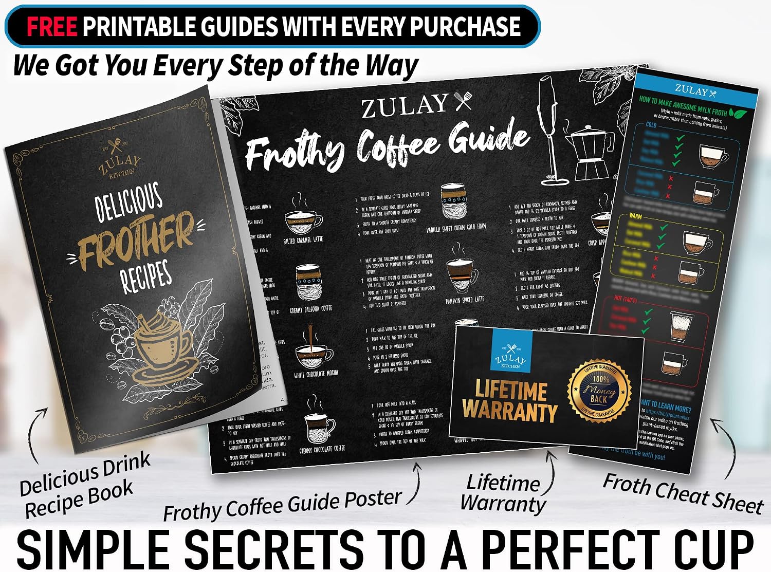 Free printable guides included: recipe book, frothing coffee guide poster, fruit cheat sheet