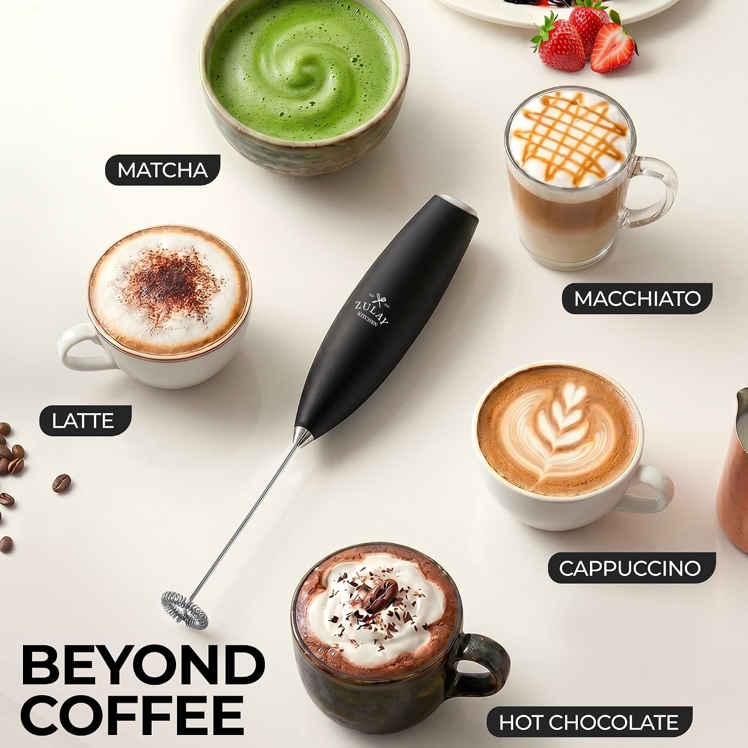 Beyond coffee — matcha, latte, cappuccino, macchiato and hot chocolate made with the frother