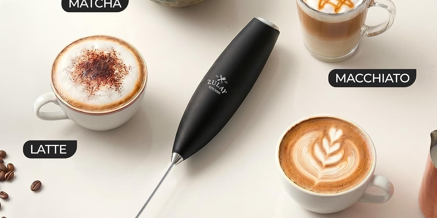 Zulay milk frother surrounded by latte, cappuccino, macchiato and matcha it made at home